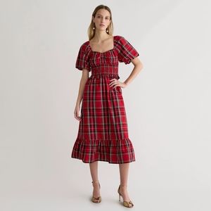 New! J.Crew sz Medium M Red Tartan Plaid Smocked Midi Dress NWT